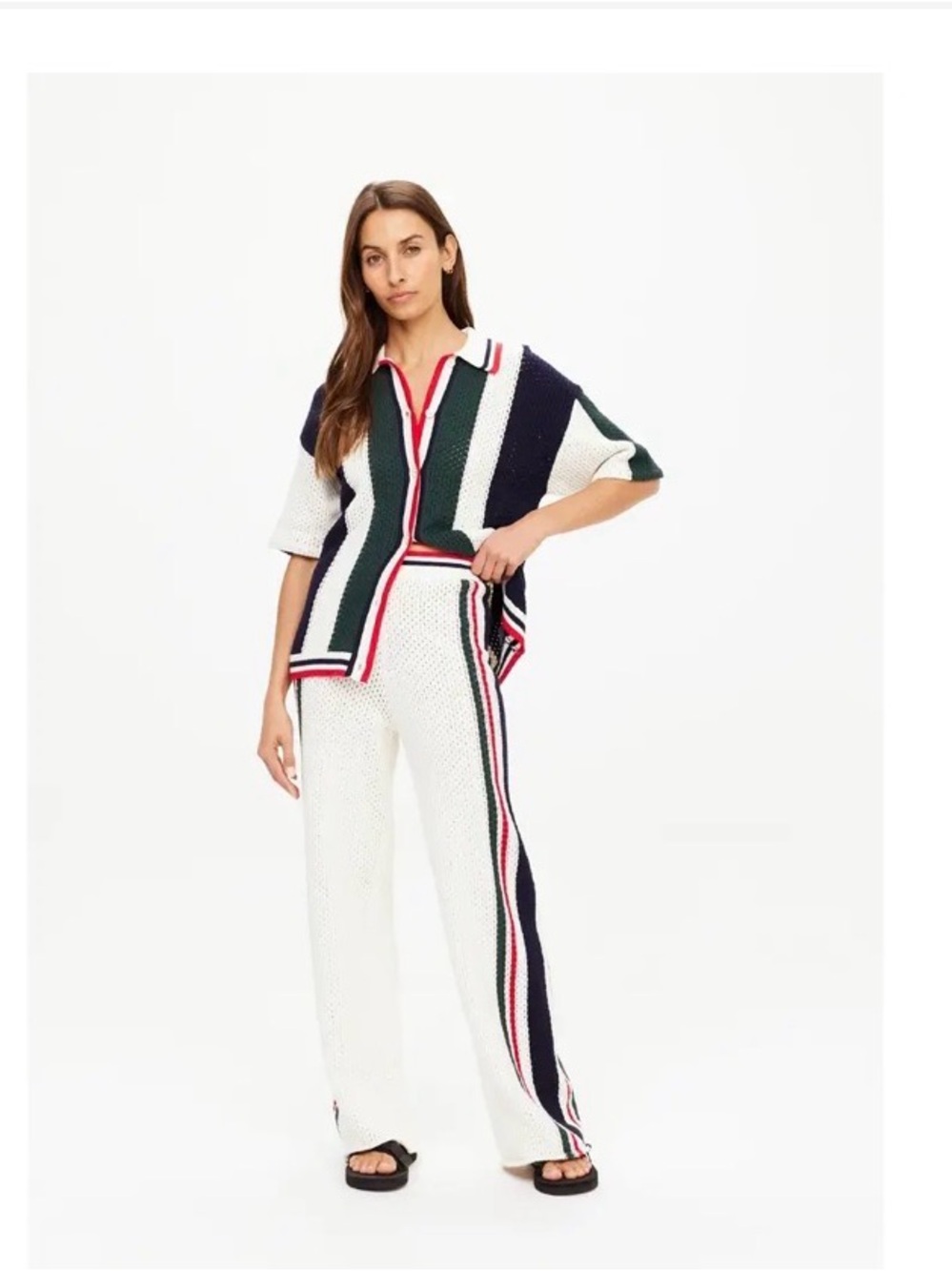 The Upside Green Navy Cream Striped Knit Button-Down